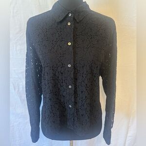 GAP Black Lace Button Down Shirt Sheer Floral Collared Blouse – Size L